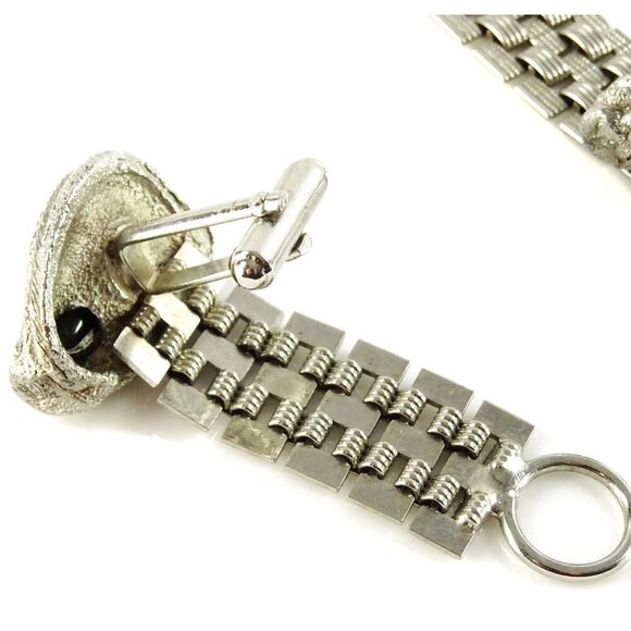 Chunky Vintage Wrap Around Mesh Cufflinks Silvertone Steampunk Green - Picture 5 of 5